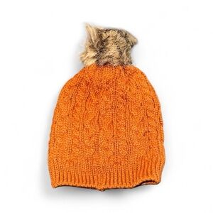 Honey Bean rust brown Orange Knit Beanie with Faux Fur Pom for baby